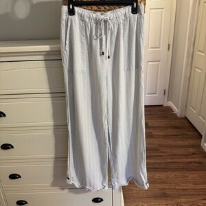 Martha Stewart Linen Blend Pants Light Blue Striped Drawstring Wide Leg